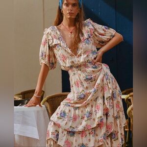 Spell and the Gypsy Solstice Ruffle Gown Floral Cream Maxi Dress SZ M